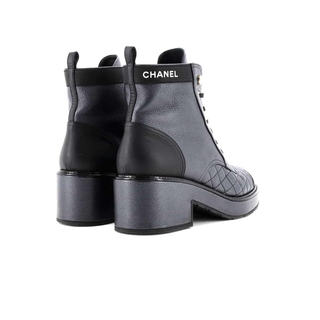 Women's Logo Pearl Cap Toe Lace Up Combat Boots Quilted Leather with Patent - Deep Luxury