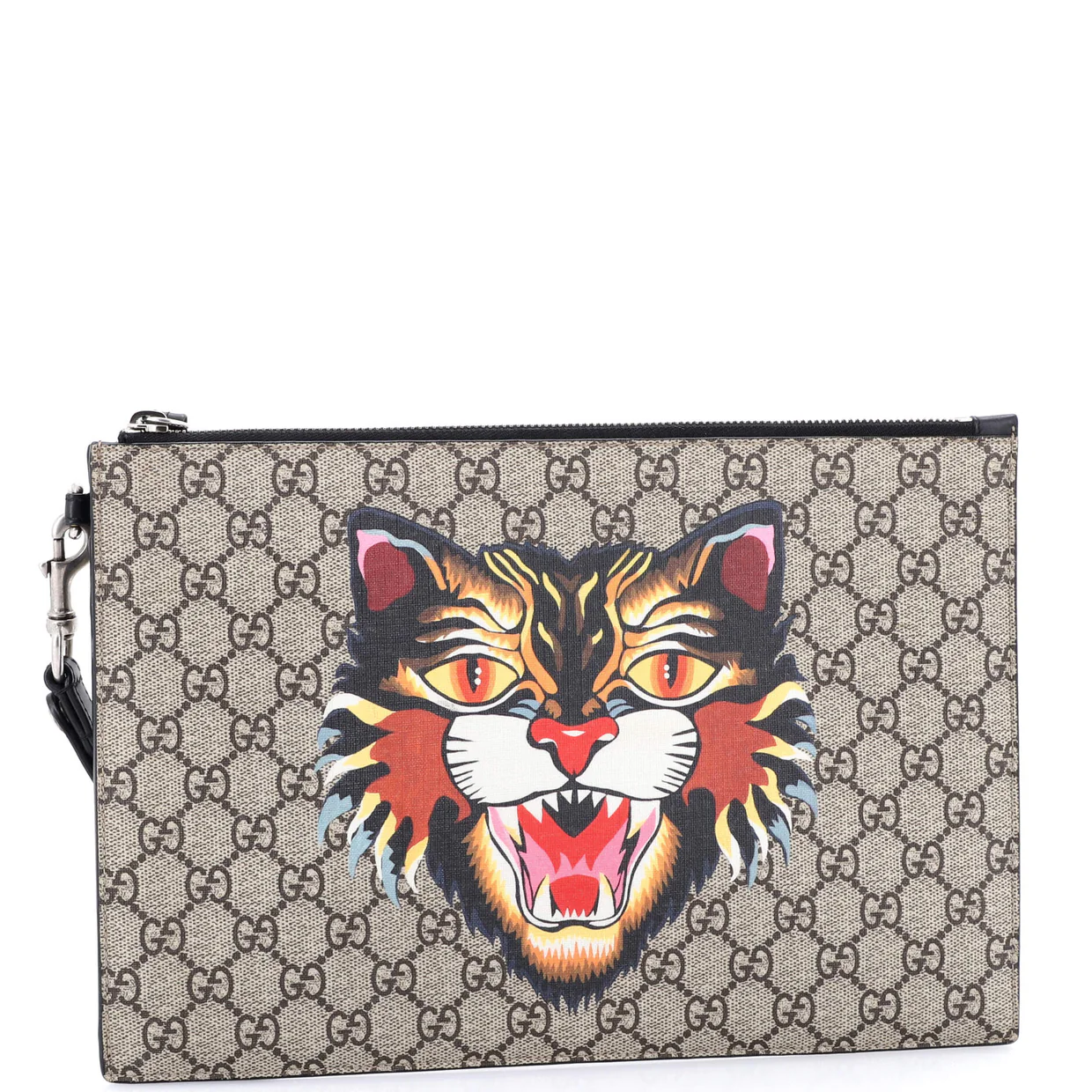 Zipped Pouch Angry Cat GG Coated Canvas Large - Deep Luxury