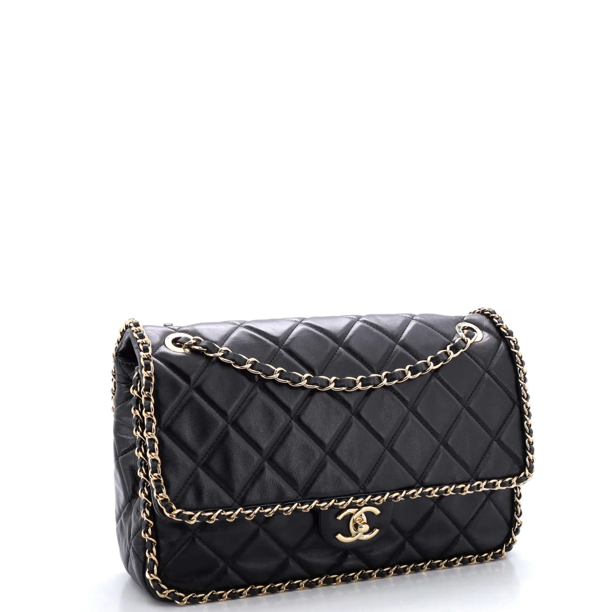 Running Chain Around Flap Bag Quilted Crumpled Calfskin Large - Deep Luxury