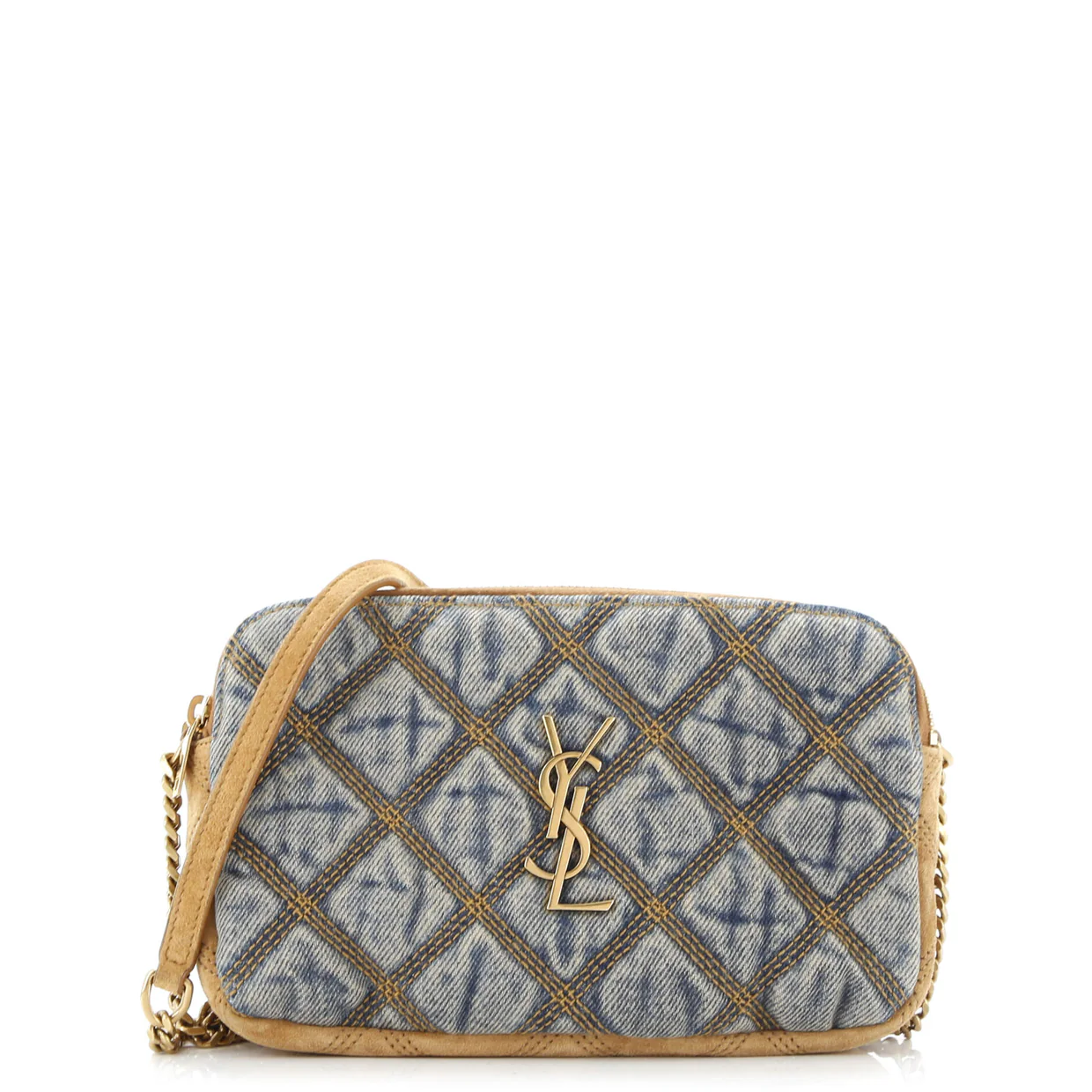 Becky Double Zip Crossbody Bag Quilted Denim with Suede Mini - Deep Luxury