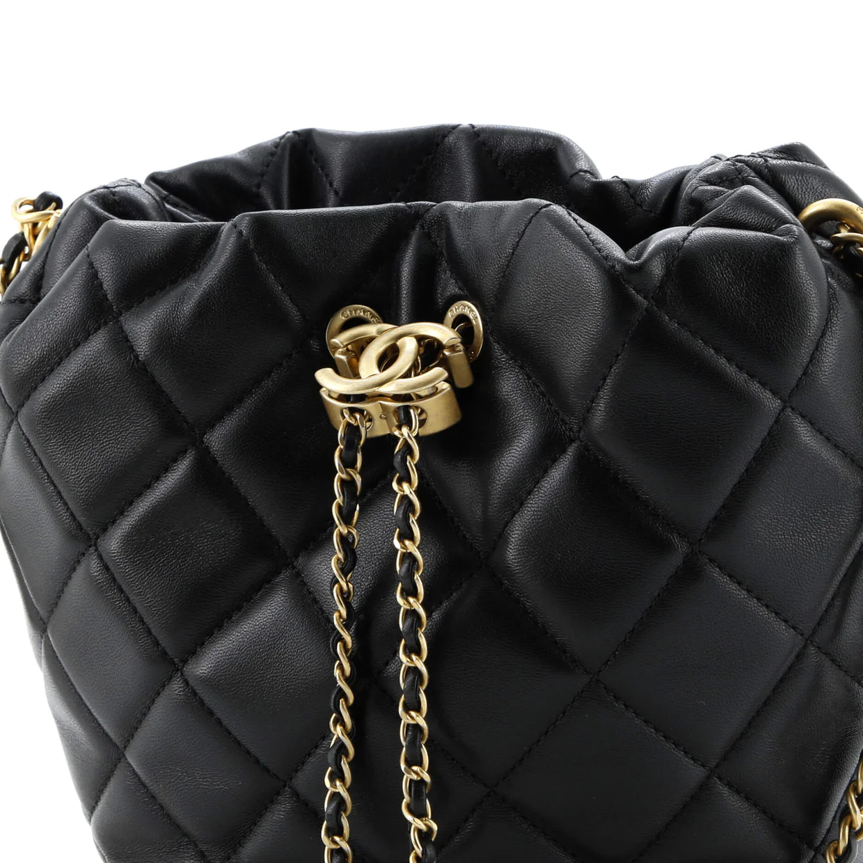 My Perfect Chain Bucket Drawstring Bag Quilted Lambskin with Faux Pearls - Deep Luxury