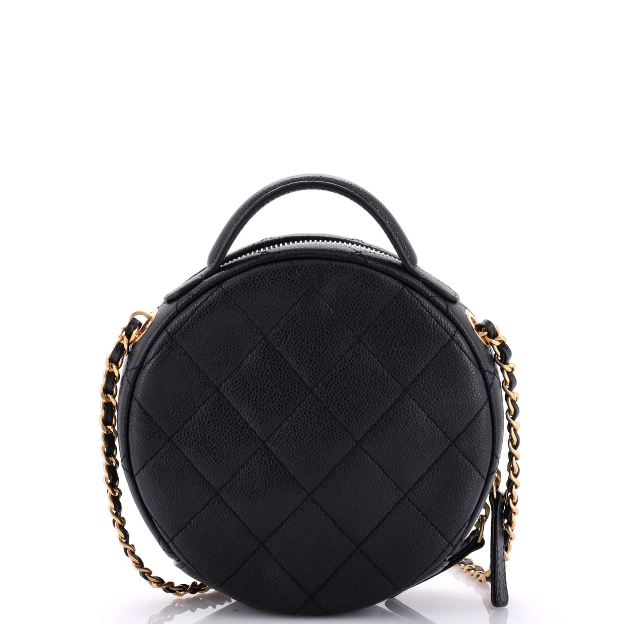 Round Vanity With Chain Quilted Caviar Small - Deep Luxury