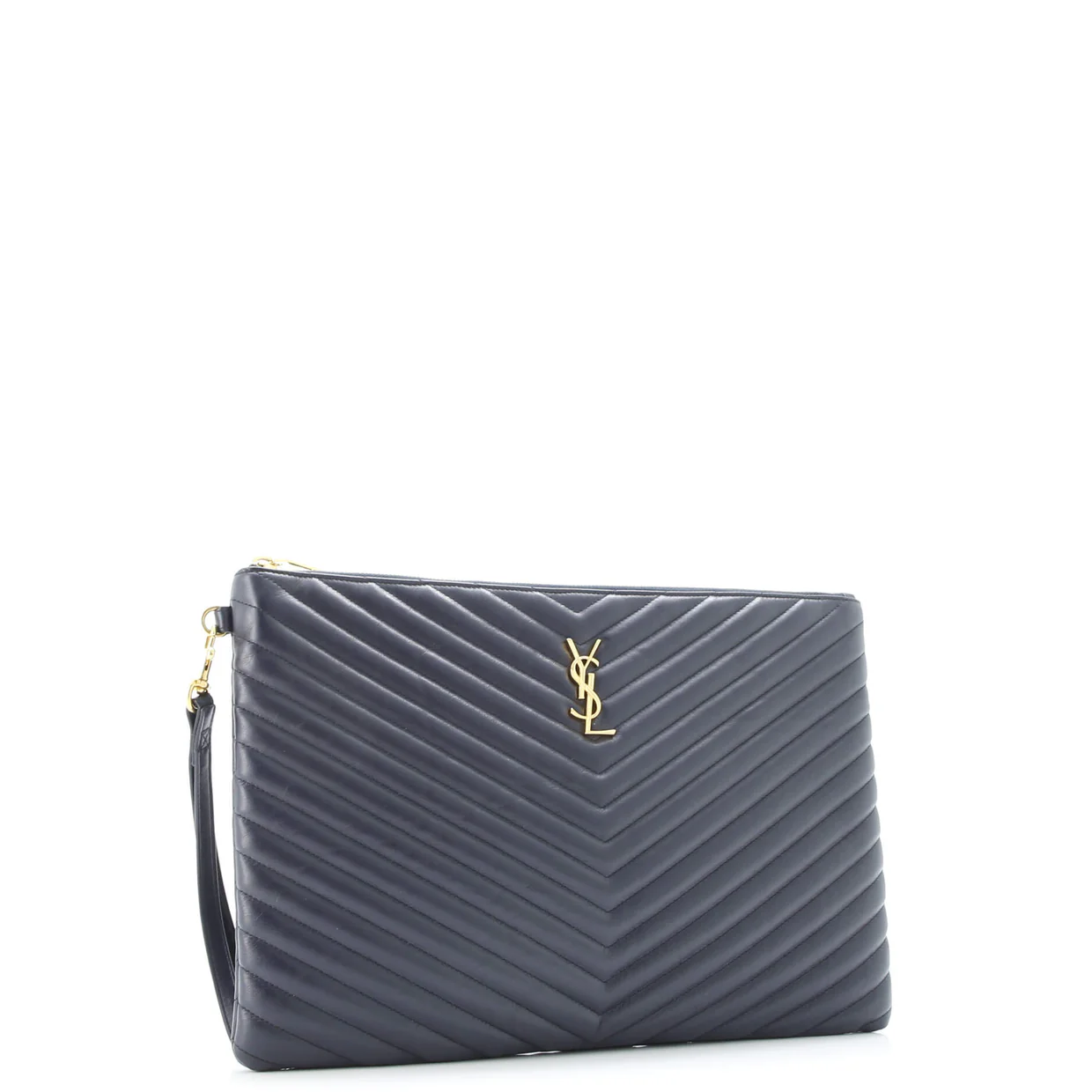 Classic Monogram Wristlet Pouch Matelasse Chevron Leather Large - Deep Luxury