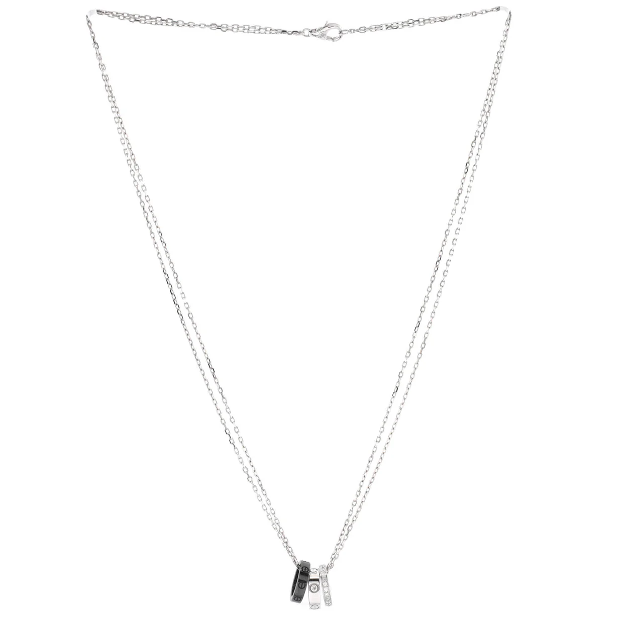 Love 3 Ring Pendant Necklace 18K White Gold and Ceramic with Diamonds - Deep Luxury