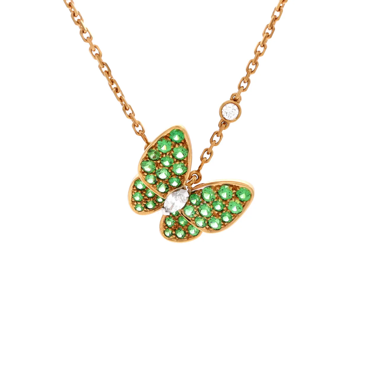Two Butterfly Pendant Necklace 18K Yellow Gold with Tsavorite Garnets and Diamonds - Deep Luxury