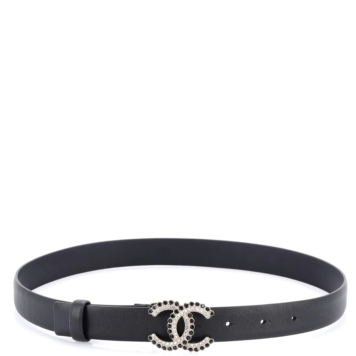 CC Buckle Belt Leather with Crystal Embellished Metal Thin 70 - Deep Luxury