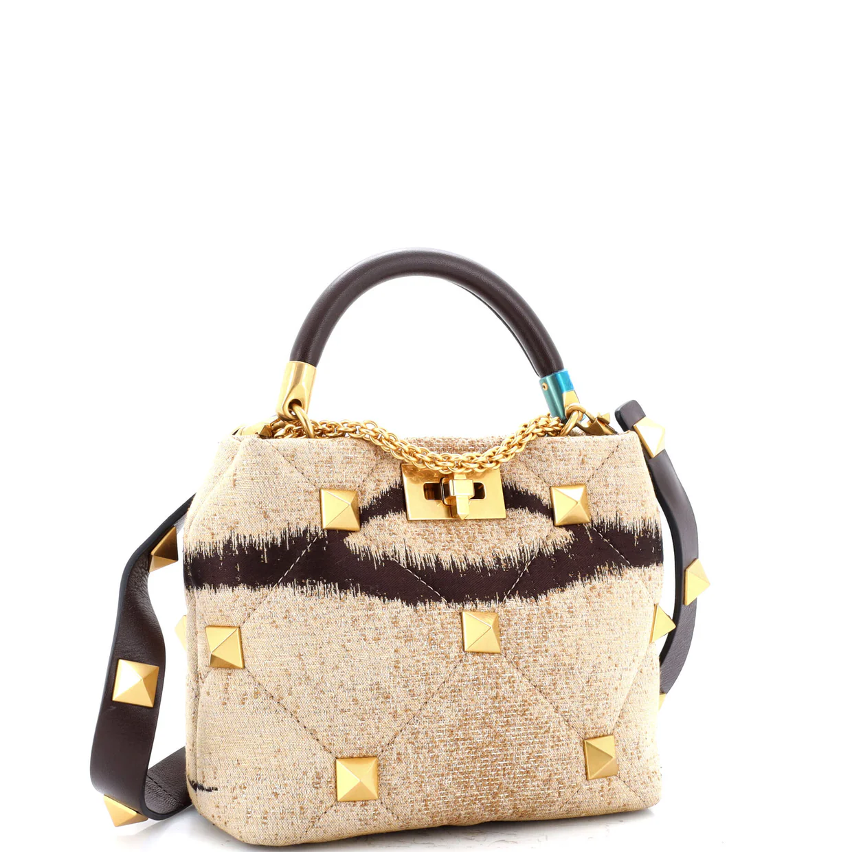 Roman Stud Top Handle Bag Quilted Printed Jacquard with Leather Small - Deep Luxury