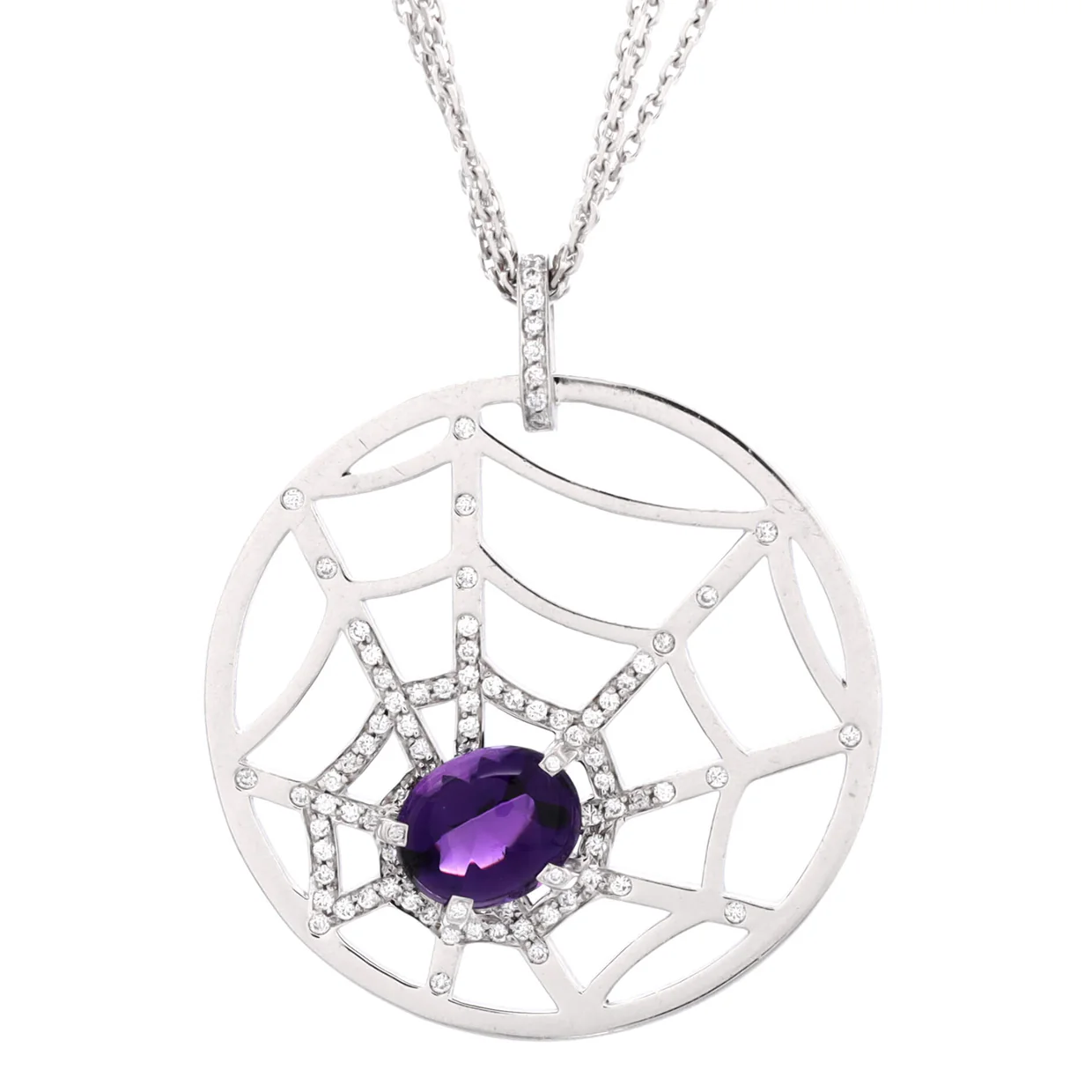 Attrape-Moi Spider Web Pendant Necklace 18K White Gold with Diamonds and Amethyst Large - Deep Luxury