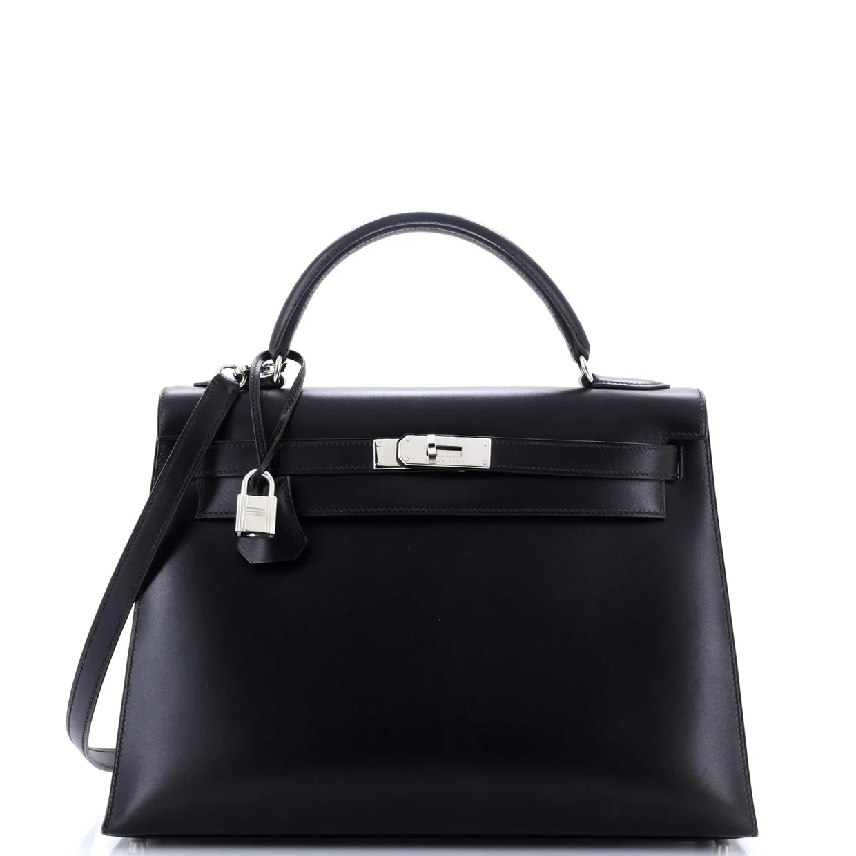 Kelly Handbag Noir Box Calf with Palladium Hardware 32 - Deep Luxury