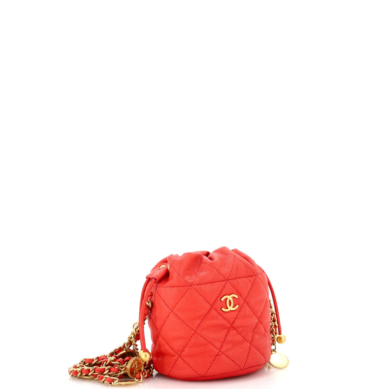 Medallion Charms Drawstring Bucket Bag Quilted Caviar Mini - Deep Luxury