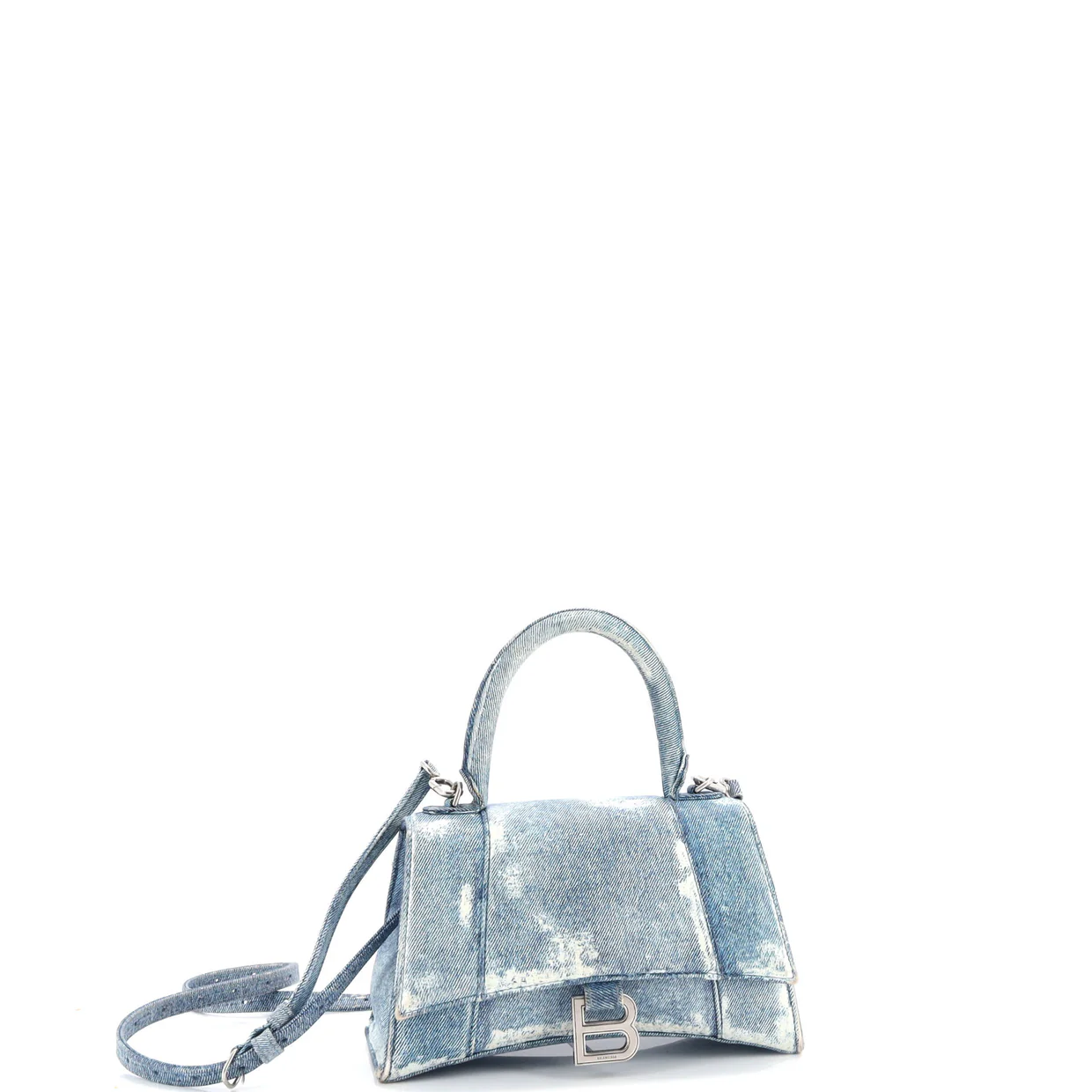 Hourglass Top Handle Bag Denim Printed Leather Small - Deep Luxury