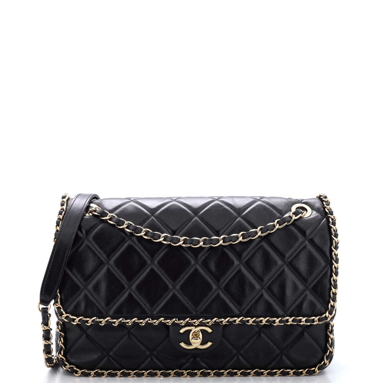 Running Chain Around Flap Bag Quilted Crumpled Calfskin Large - Deep Luxury