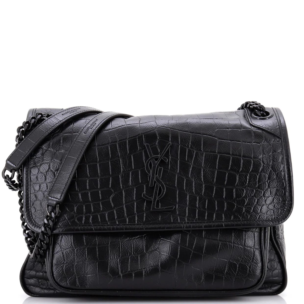 Niki Chain Flap Bag Crocodile Embossed Leather Medium - Deep Luxury