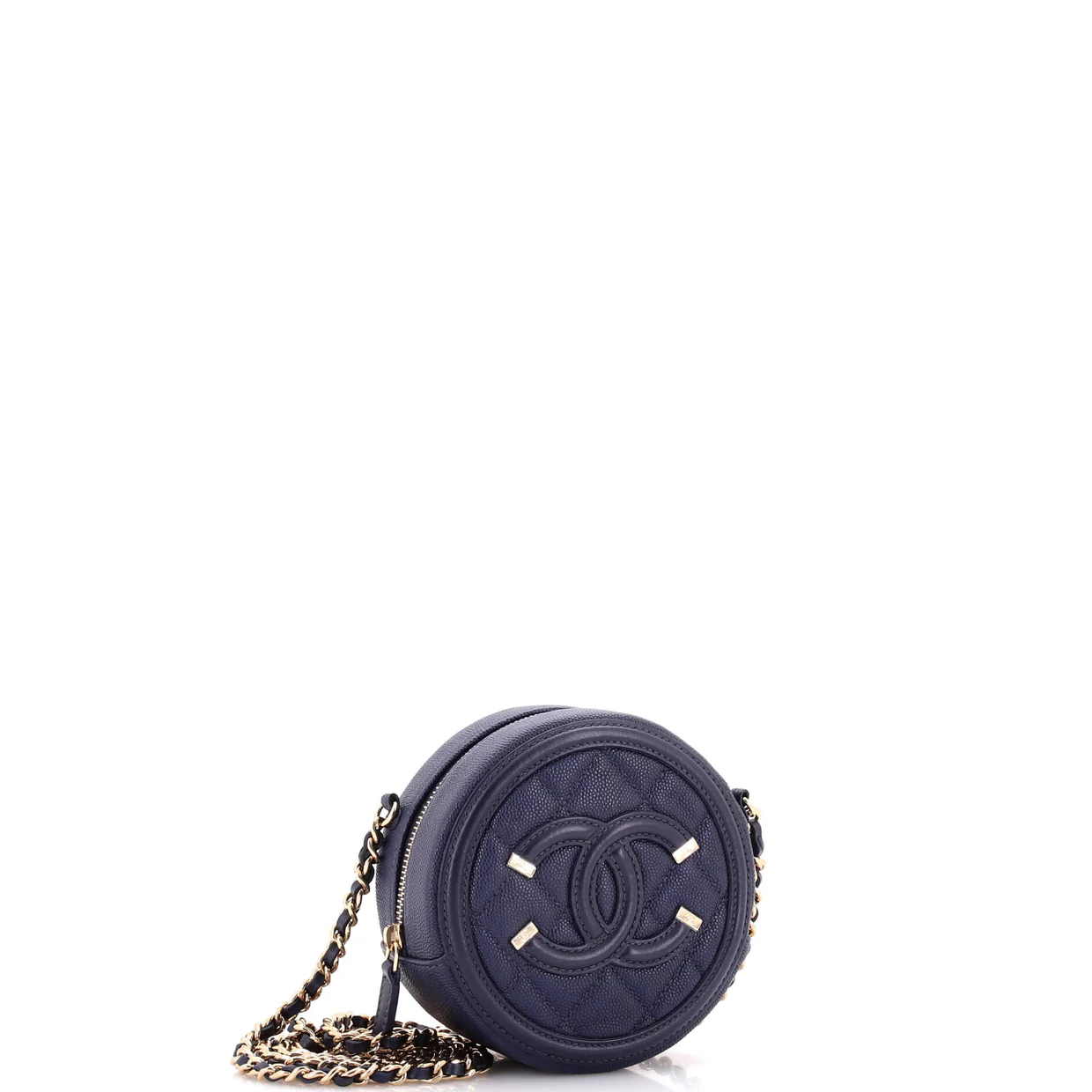 Filigree Round Clutch with Chain Quilted Caviar Mini - Deep Luxury