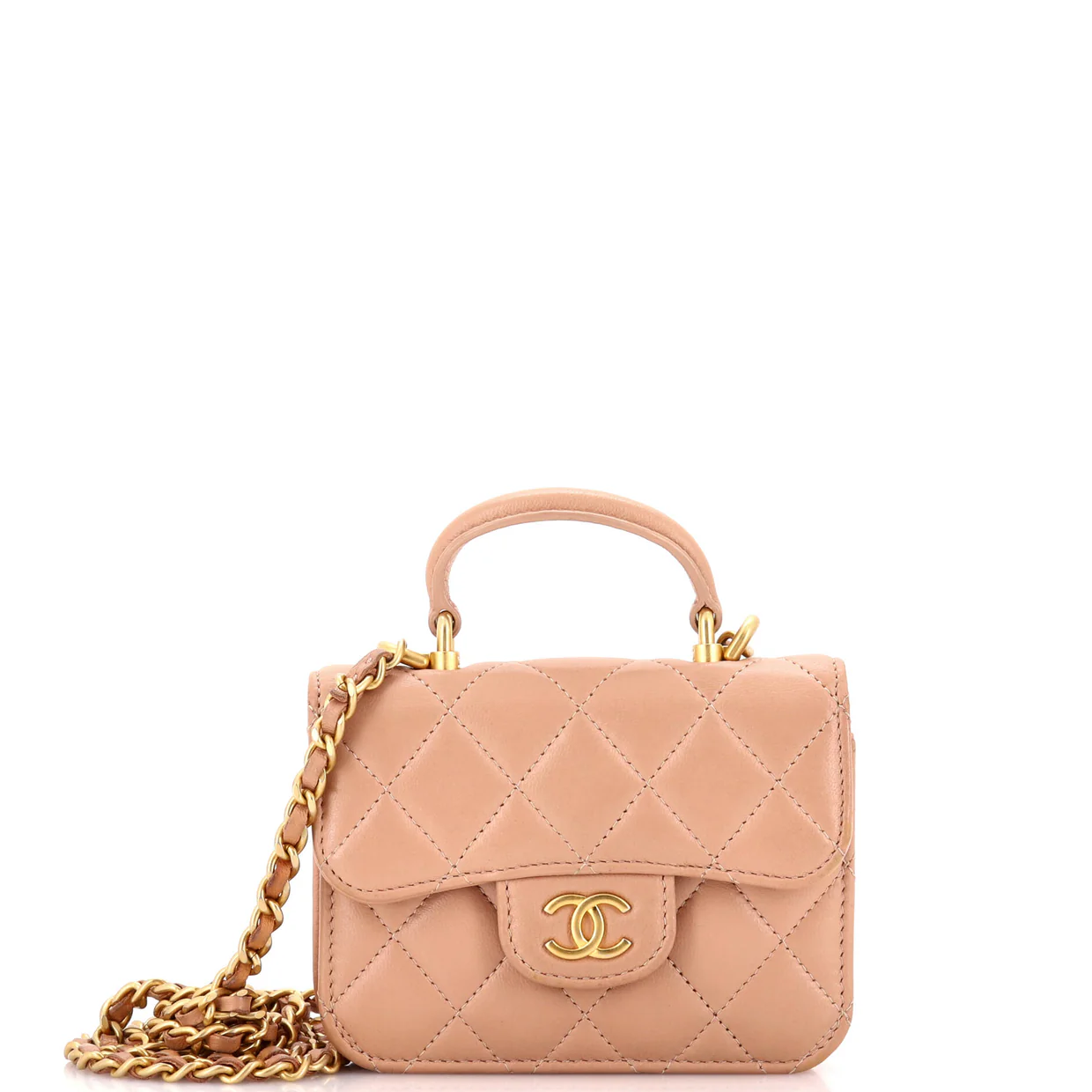 Top Handle Flap Coin Purse with Chain Quilted Lambskin - Deep Luxury