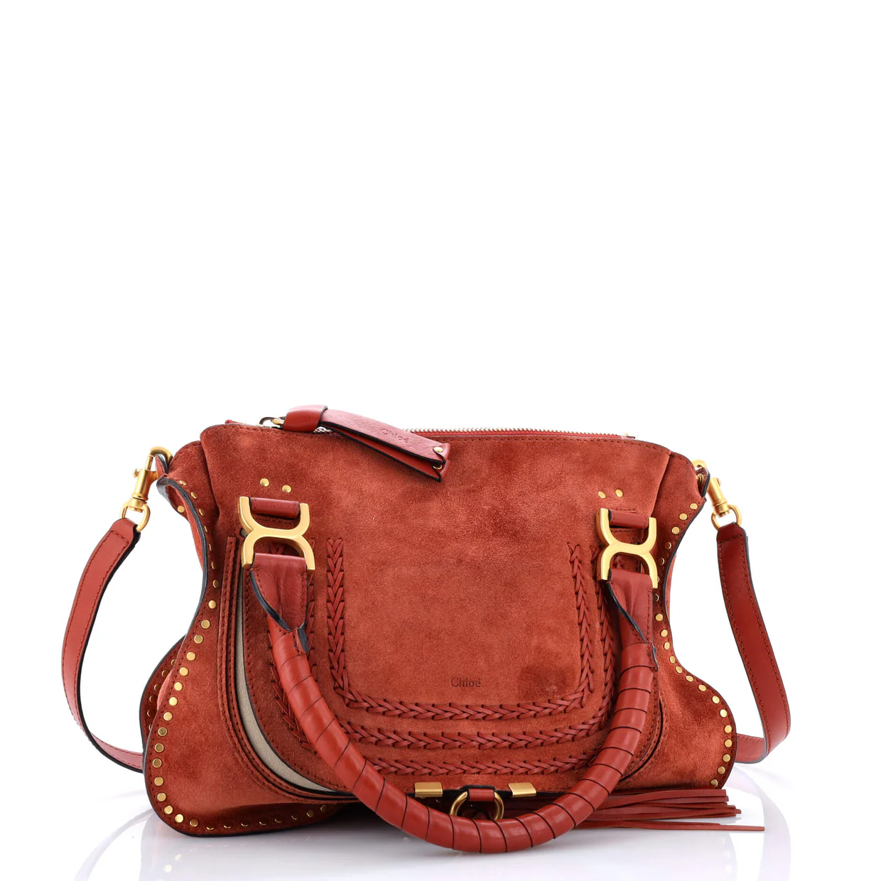 Marcie Satchel Whipstitch Studded Suede Medium - Deep Luxury