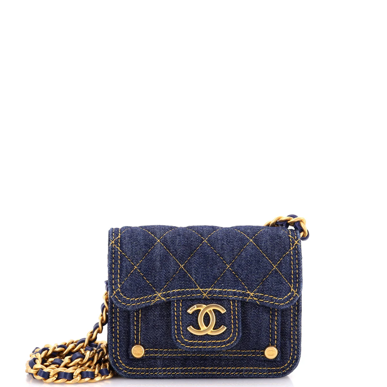 Double You CC Flap Clutch with Chain Quilted Denim - Deep Luxury