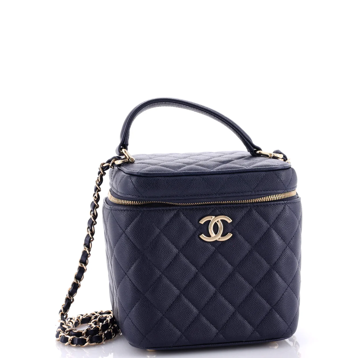 CC Top Handle Vanity Case with Chain Quilted Caviar Small - Deep Luxury