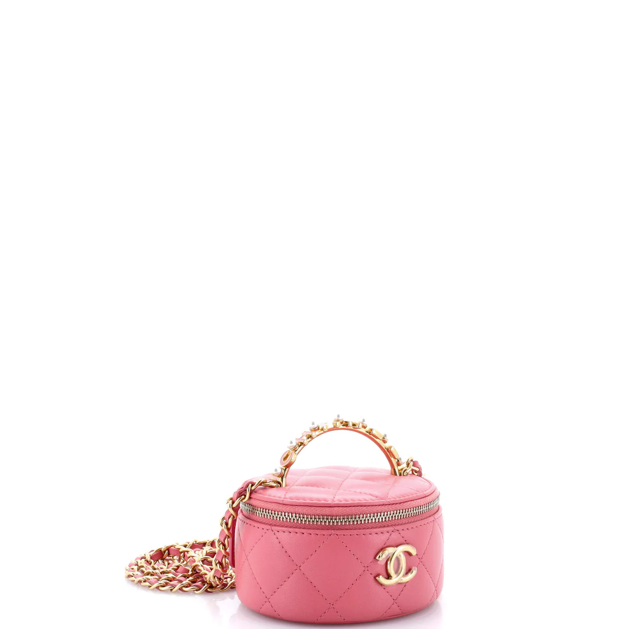 Pearl Logo Top Handle Round Vanity Case with Chain Quilted Lambskin Mini - Deep Luxury