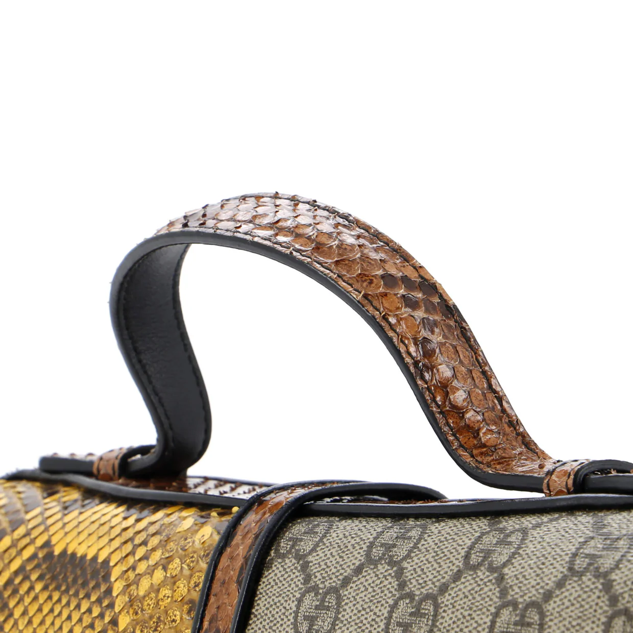 Feline Face Top Handle Bag GG Coated Canvas and Python Small - Deep Luxury
