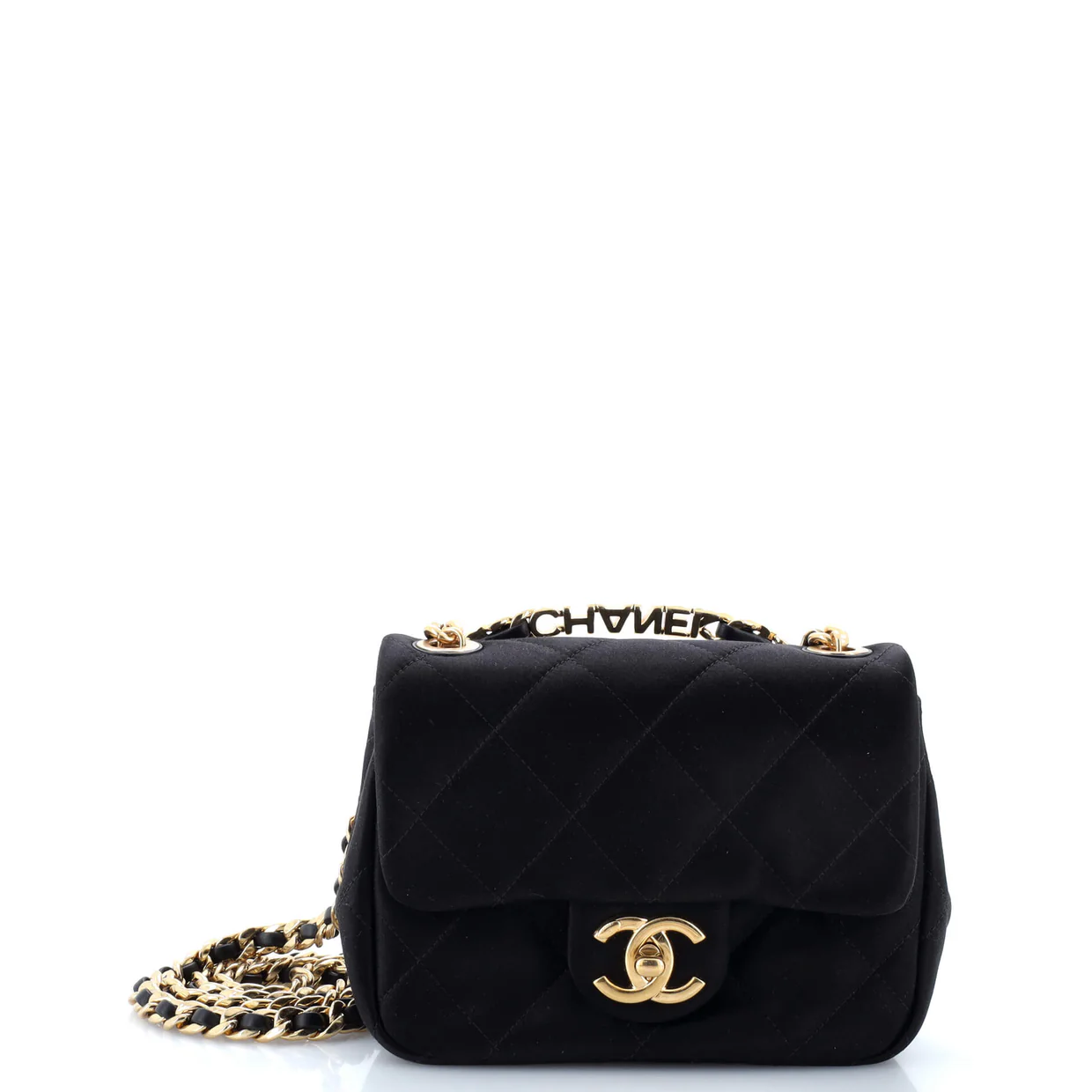 Oval Logo Chain Handle Flap Bag Quilted Satin with Crystals Mini - Deep Luxury