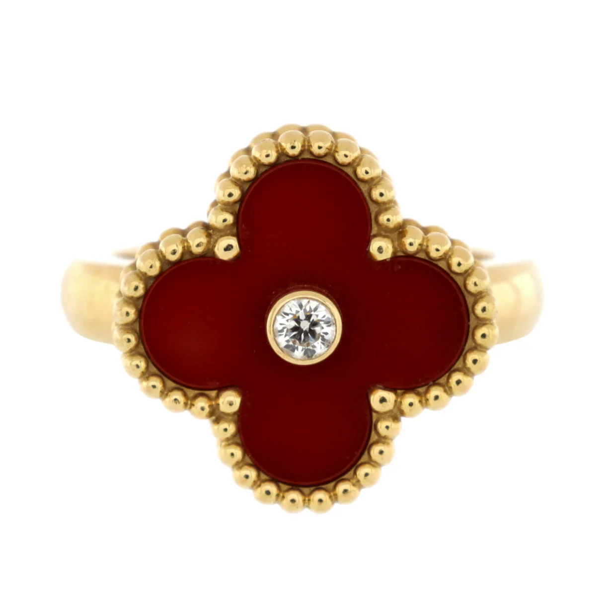 Vintage Alhambra Ring 18K Yellow Gold with Carnelian and Diamond - Deep Luxury