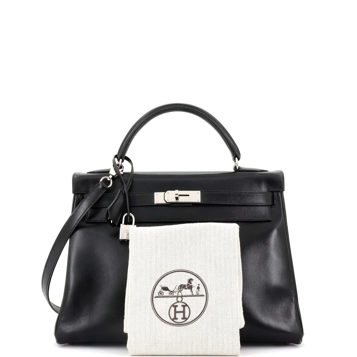 Kelly Handbag Noir Box Calf with Palladium Hardware 32 - Deep Luxury