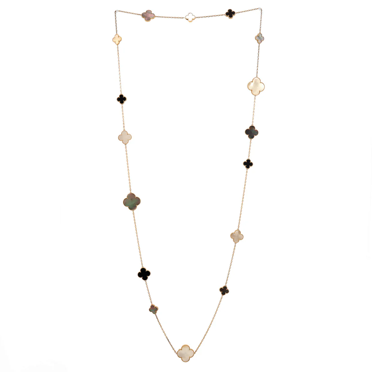 Magic Alhambra 16 Motifs Long Necklace 18K Yellow Gold with Mother of Pearl and Onyx - Deep Luxury