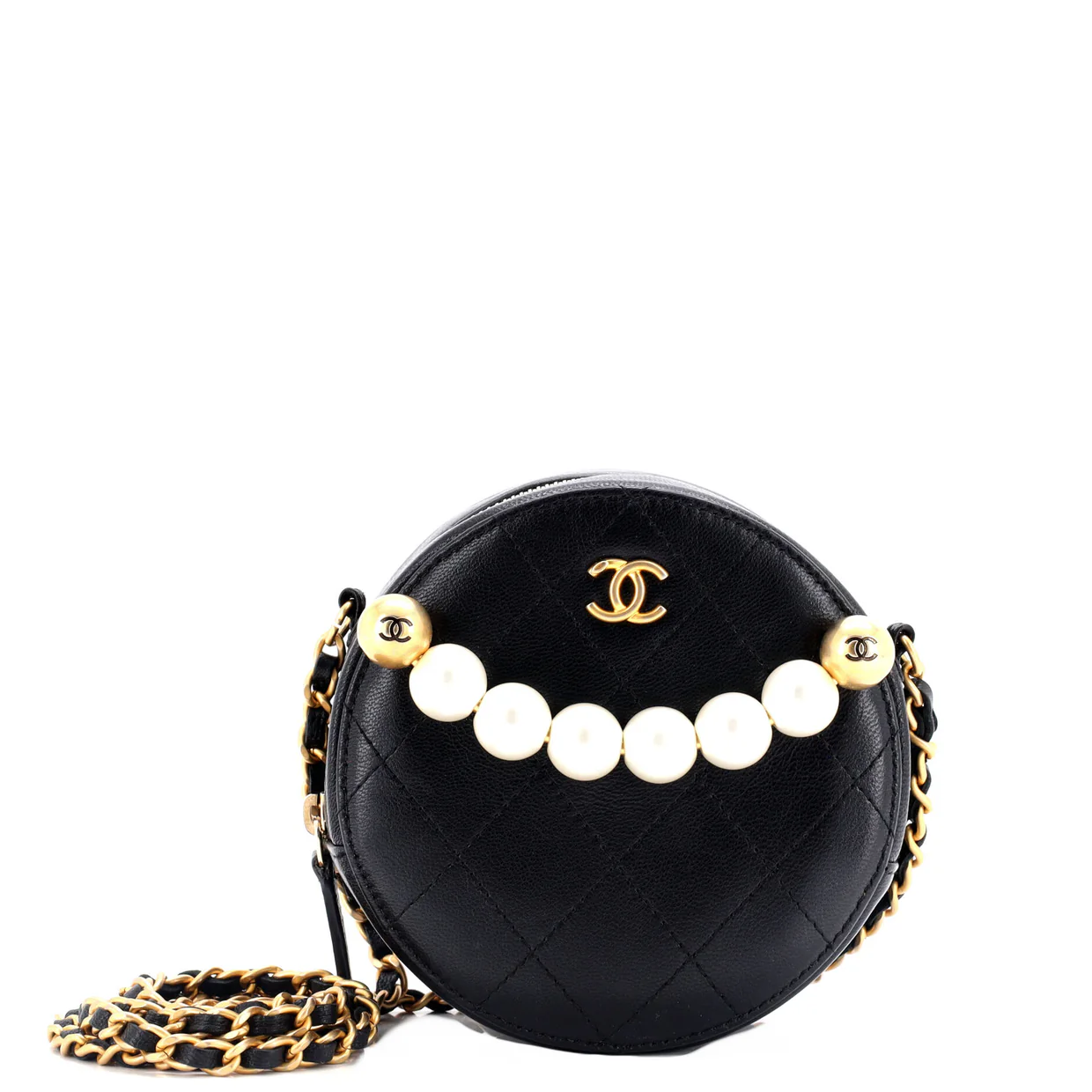 Chic Pearls Round Clutch with Chain Quilted Lambskin - Deep Luxury