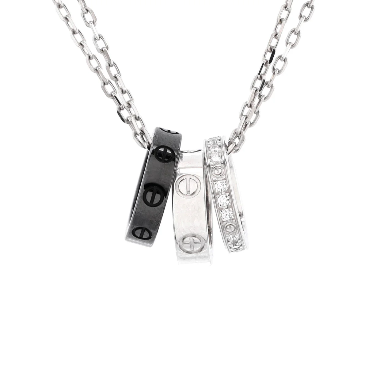 Love 3 Ring Pendant Necklace 18K White Gold and Ceramic with Diamonds - Deep Luxury