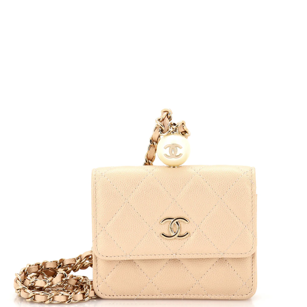CC Pearl Coin Card Holder with Chain Quilted Iridescent Caviar - Deep Luxury