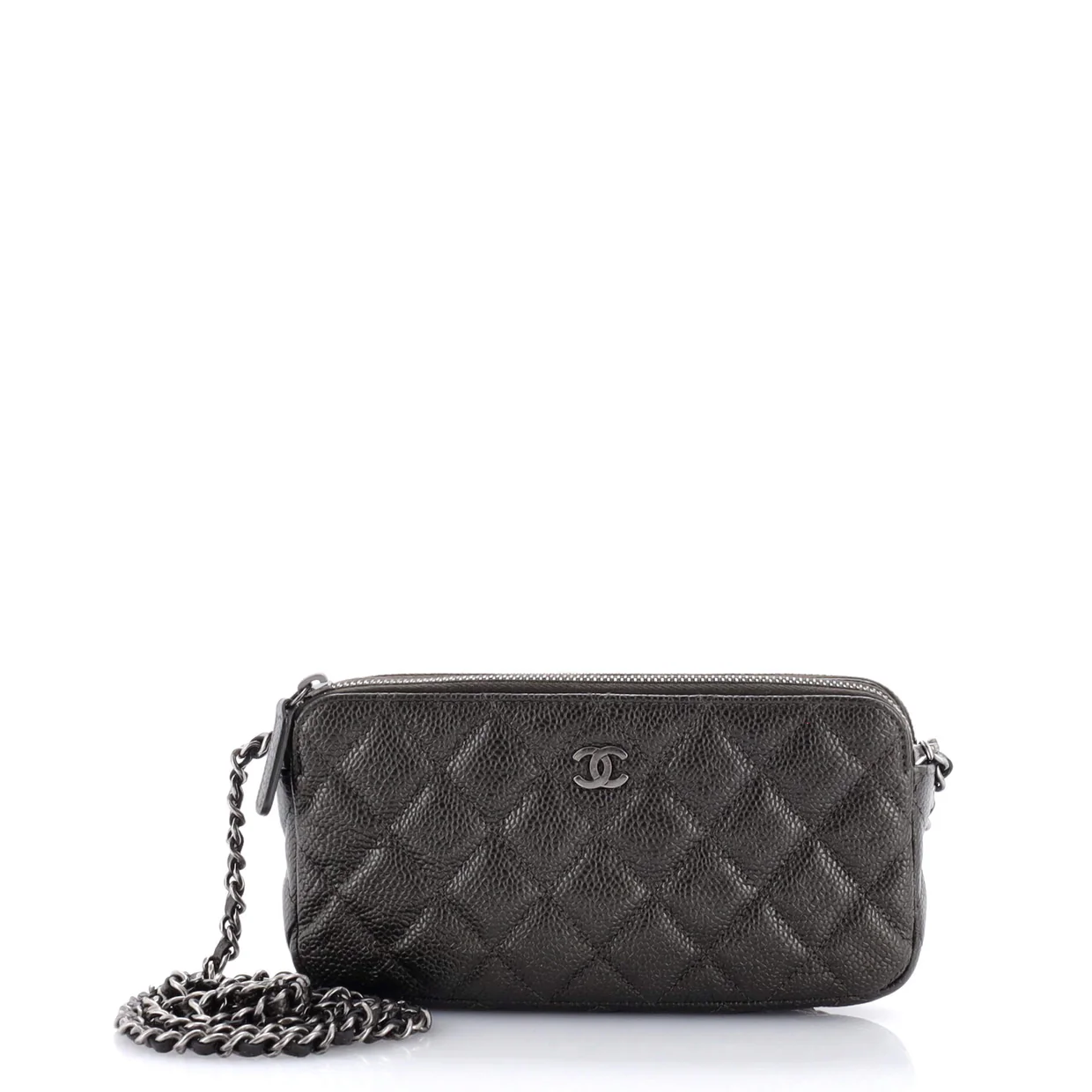 Double Zip Clutch with Chain Quilted Iridescent Caviar - Deep Luxury