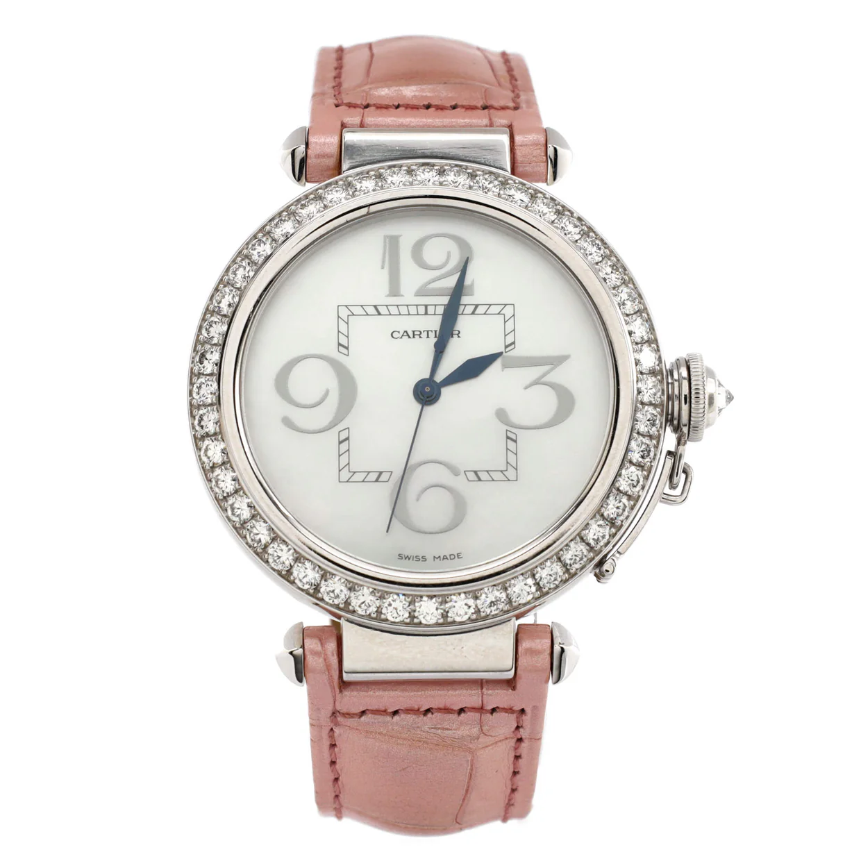 Pasha de Cartier Automatic Watch White Gold and Alligator with Diamond Bezel and Mother of Pearl 42 - Deep Luxury