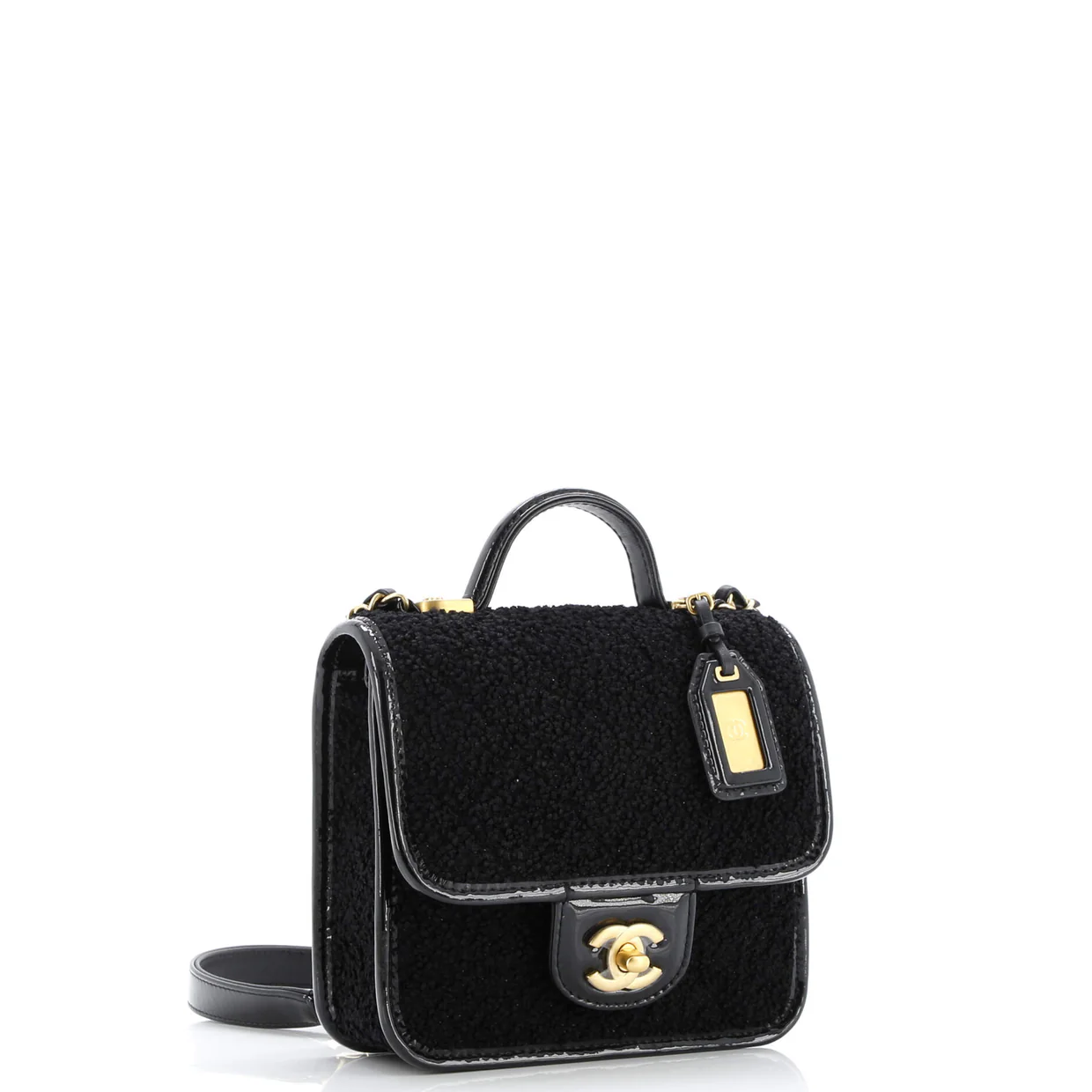 School Memory Top Handle Flap Bag Quilted Tweed with Patent Mini - Deep Luxury