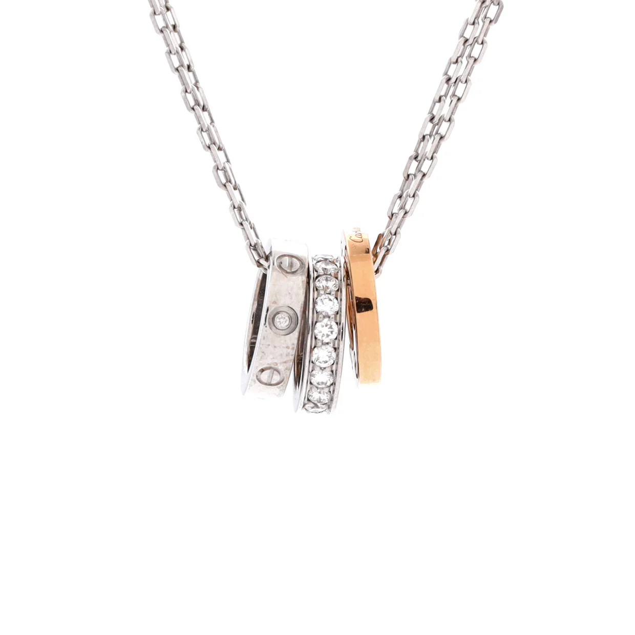 Love 3 Ring Pendant Necklace 18K Rose Gold and 18K White Gold with Diamonds - Deep Luxury