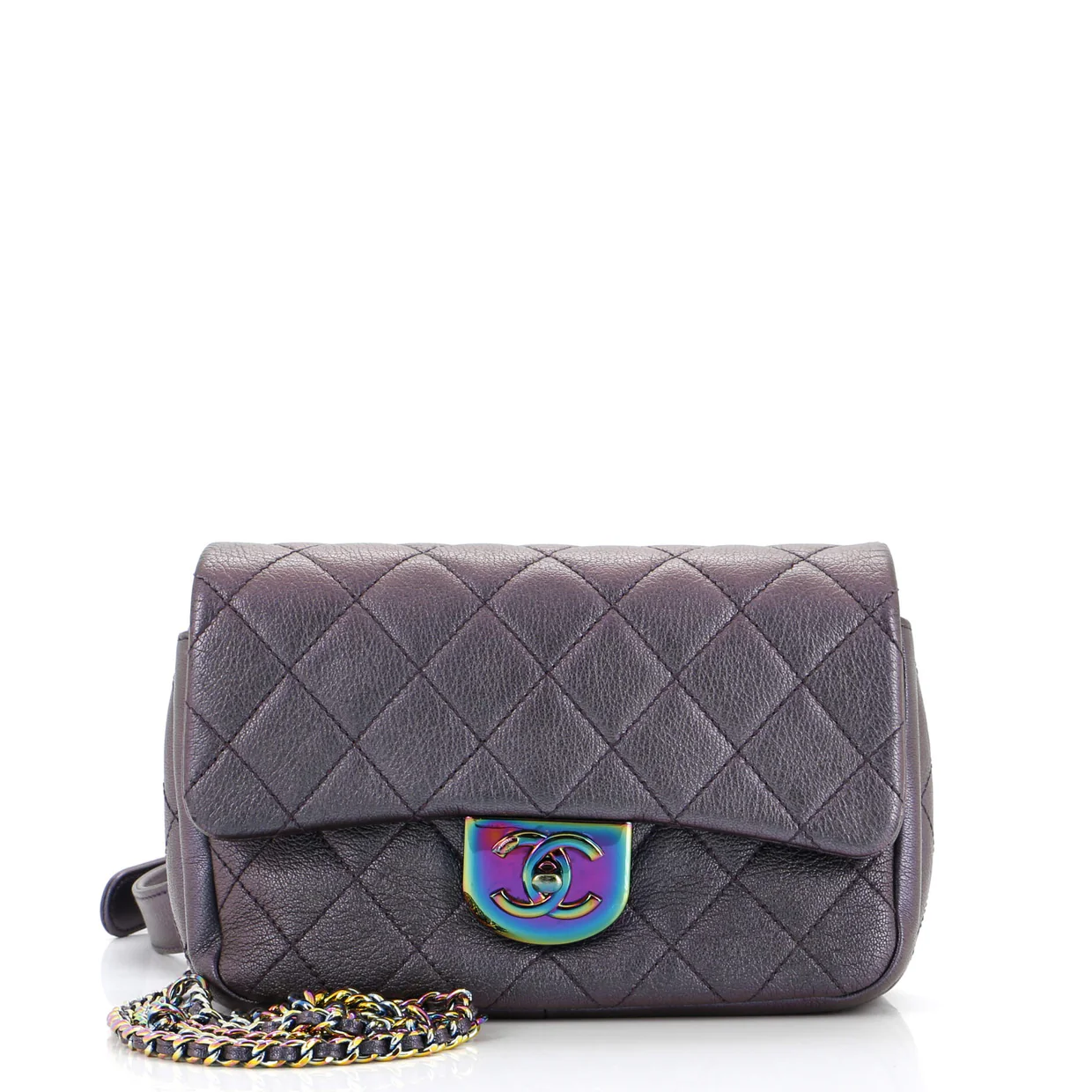 Double Carry Chain Waist Bag Quilted Iridescent Goatskin Small - Deep Luxury