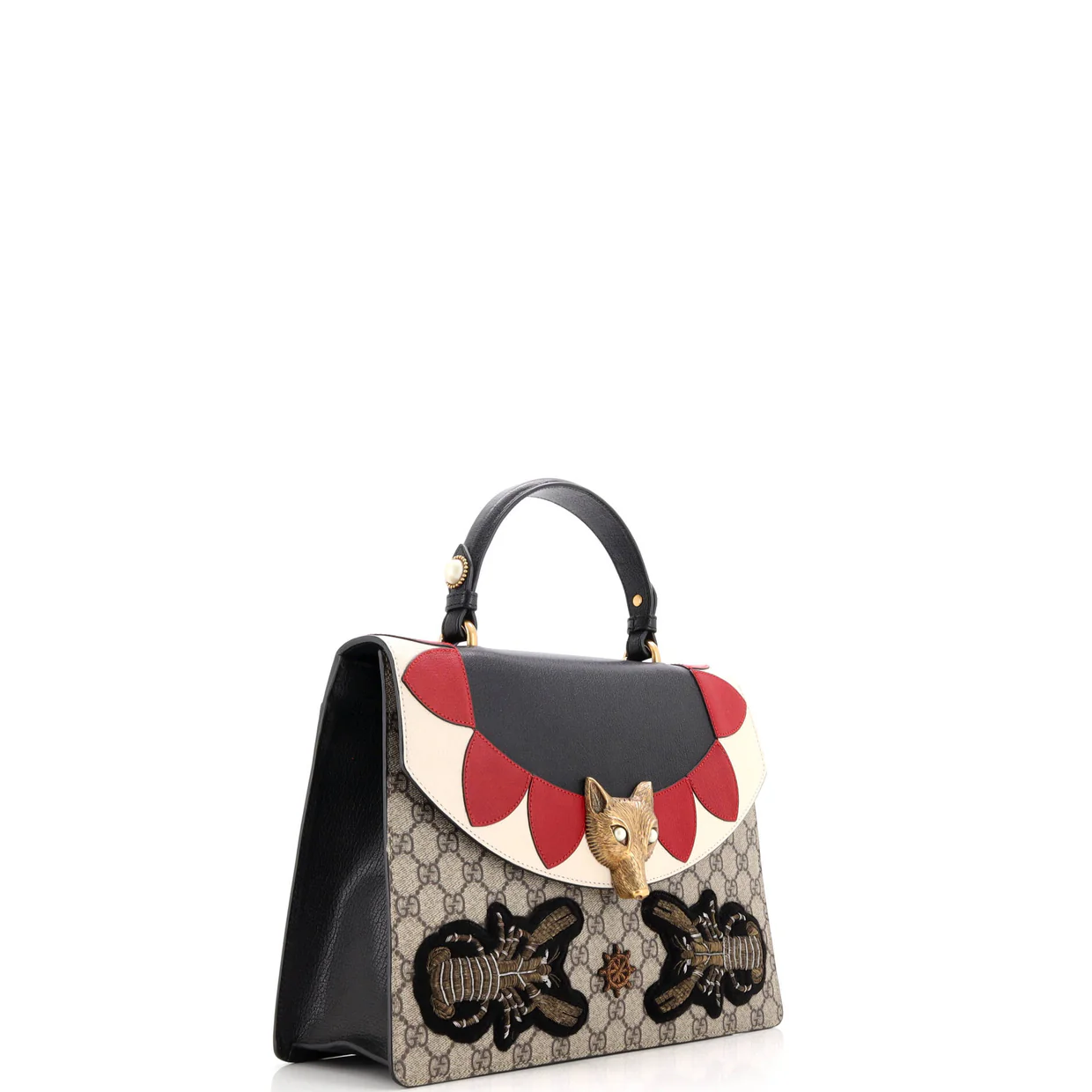 Broche Top Handle Bag Embroidered GG Coated Canvas and Leather Medium - Deep Luxury