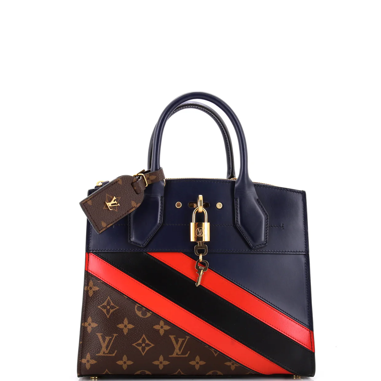 City Steamer Handbag Limited Edition Striped Leather with Monogram Canvas PM - Deep Luxury
