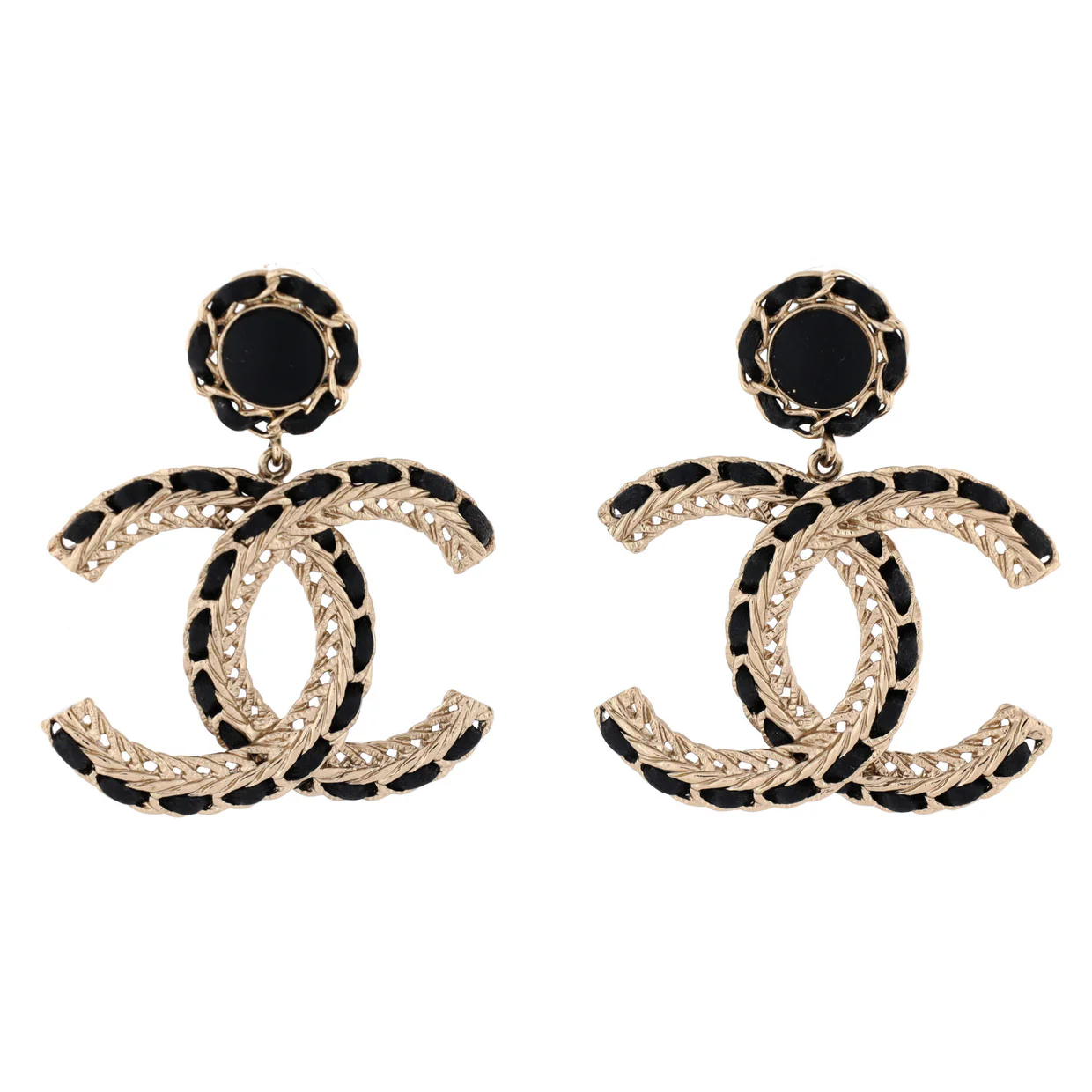 CC Woven Chain Drop Earrings Metal and Leather - Deep Luxury