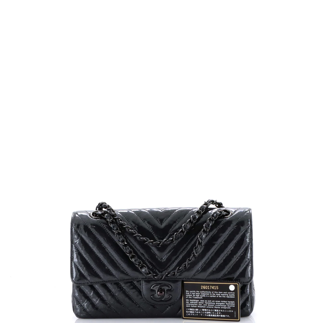 So Black Classic Double Flap Bag Chevron Crinkled Patent Medium - Deep Luxury