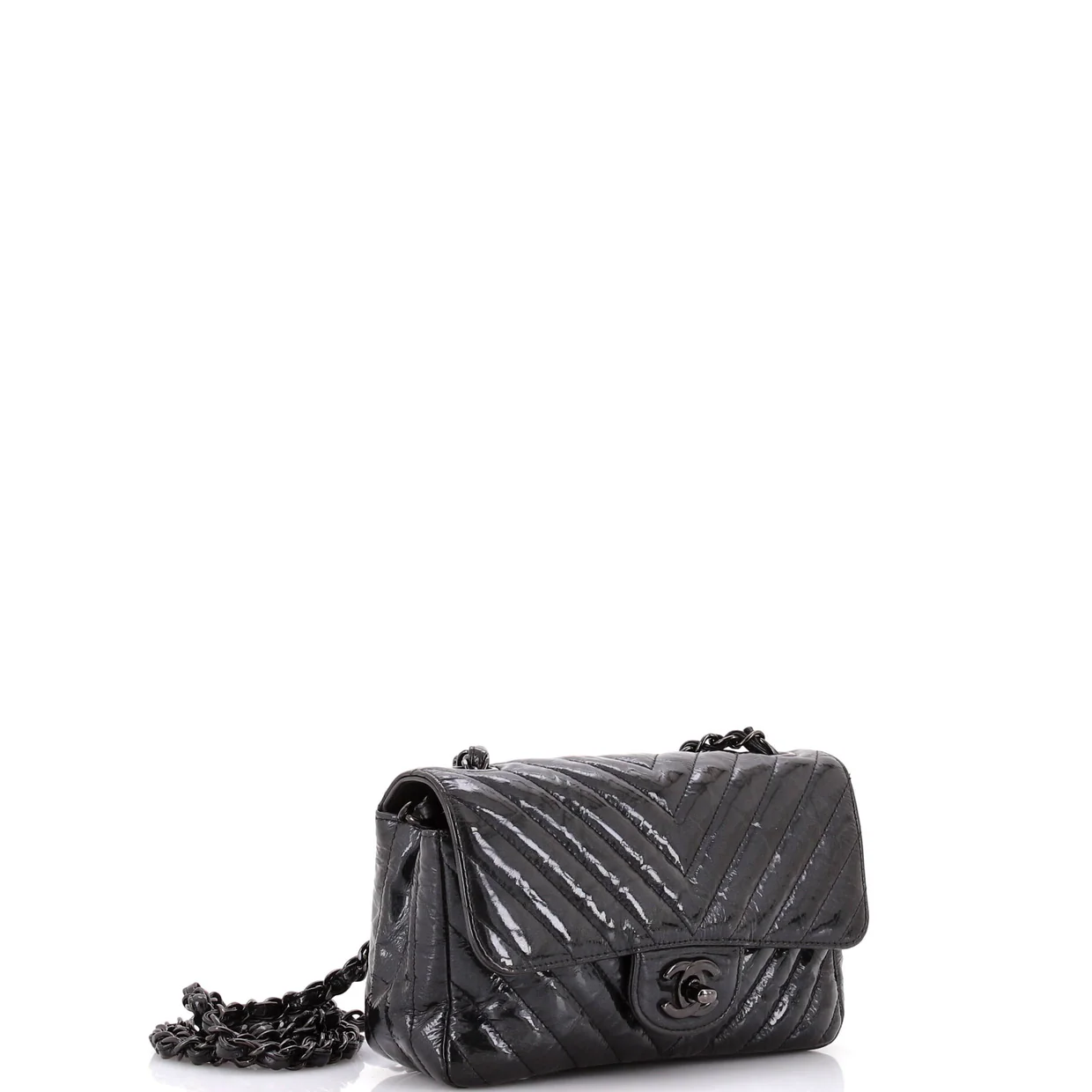 So Black Classic Single Flap Bag Chevron Crumpled Patent Mini - Deep Luxury