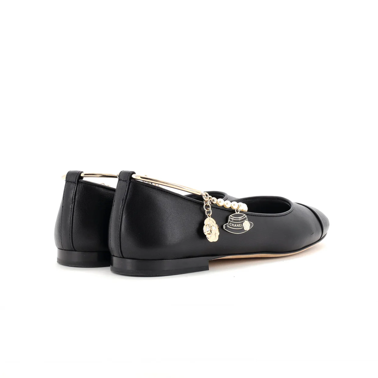 Women's Cap Toe Ankle Chain Ballerina Flats Leather with Faux Pearls - Deep Luxury
