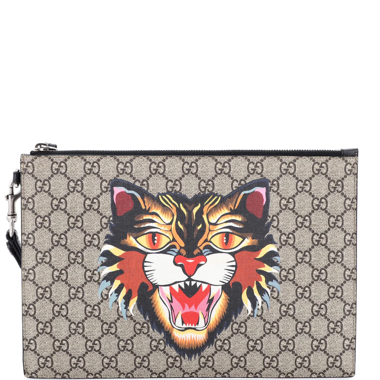 Zipped Pouch Angry Cat GG Coated Canvas Large - Deep Luxury