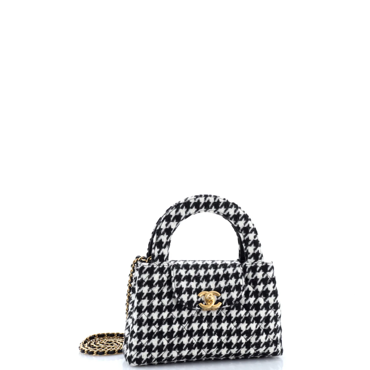 Kelly Top Handle Shopping Bag Quilted Houndstooth Tweed Mini - Deep Luxury