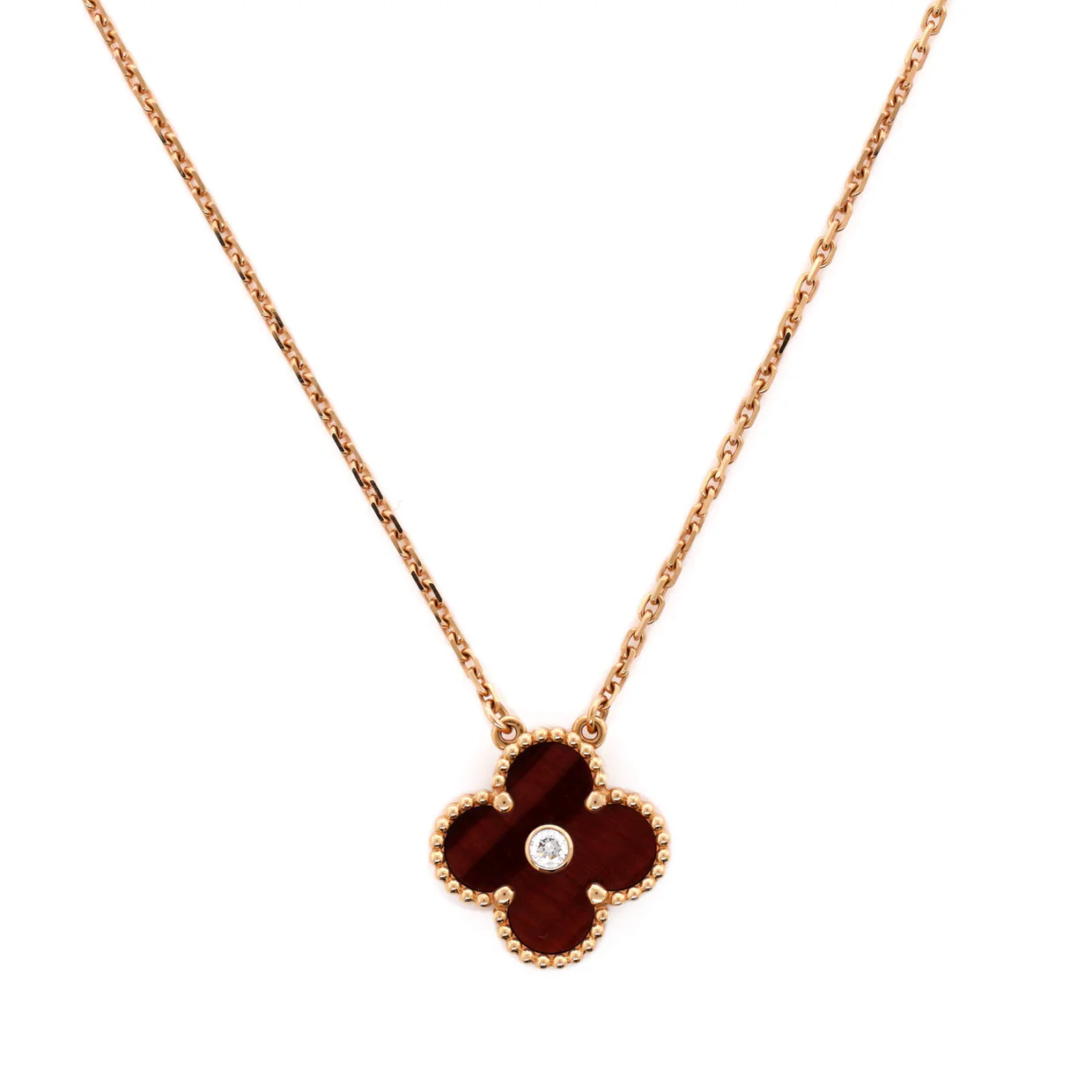 Vintage Alhambra Pendant Necklace 18K Rose Gold and Tiger Eye with Diamond - Deep Luxury