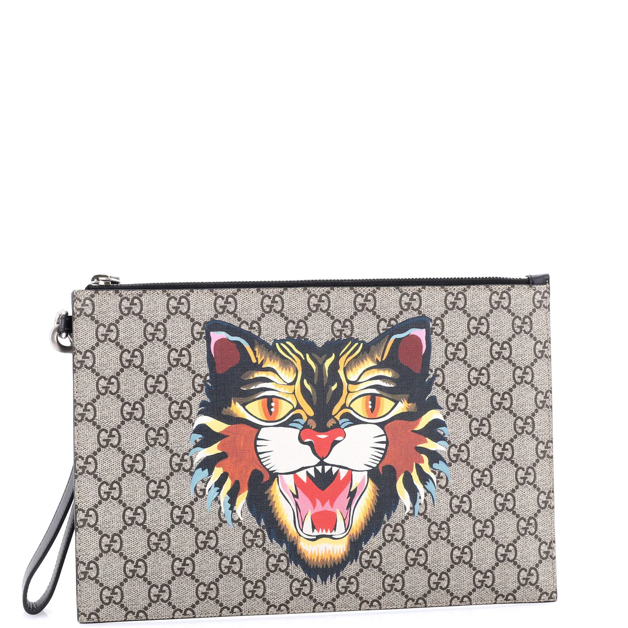 Zipped Pouch Angry Cat GG Coated Canvas Large - Deep Luxury