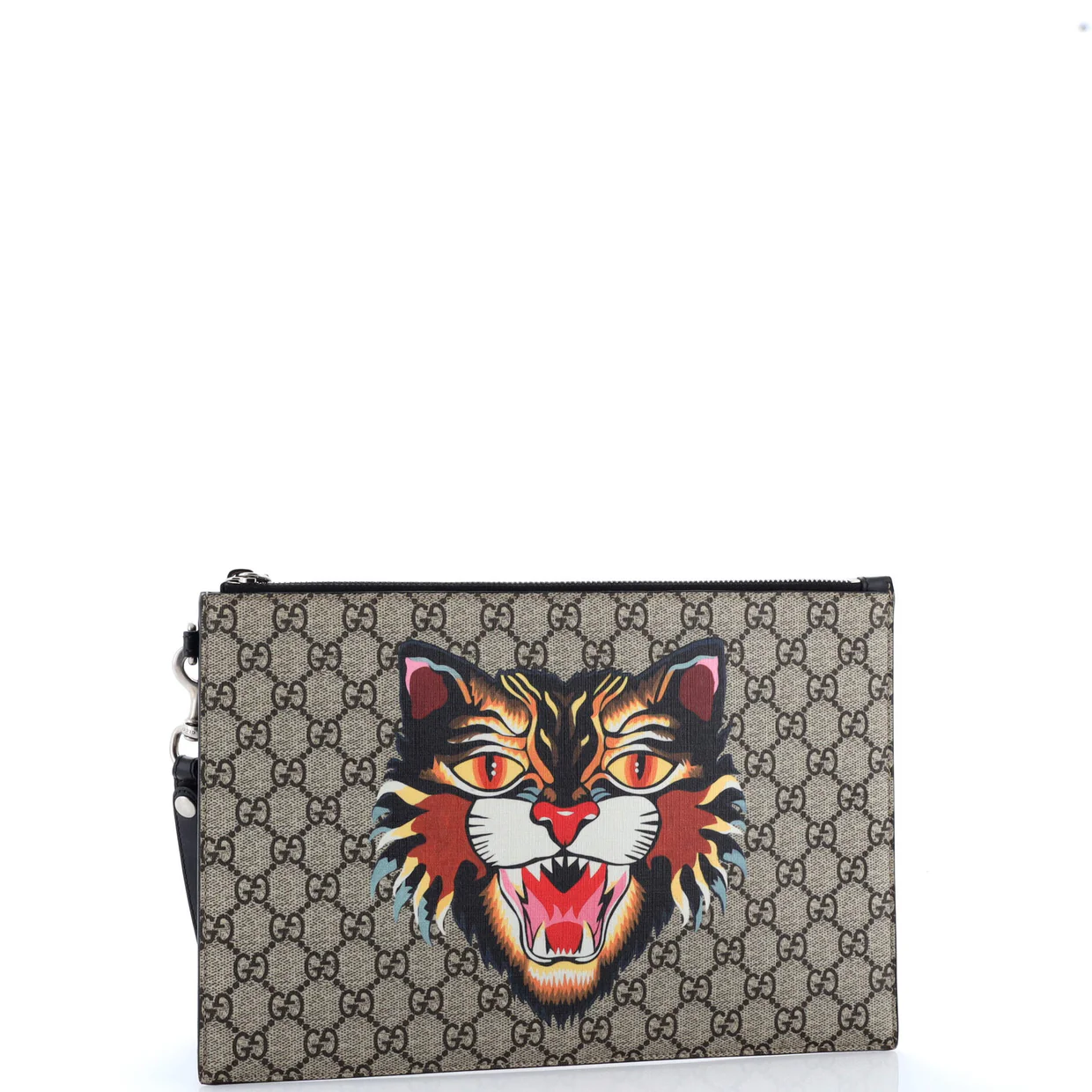 Zipped Pouch Angry Cat GG Coated Canvas Large - Deep Luxury