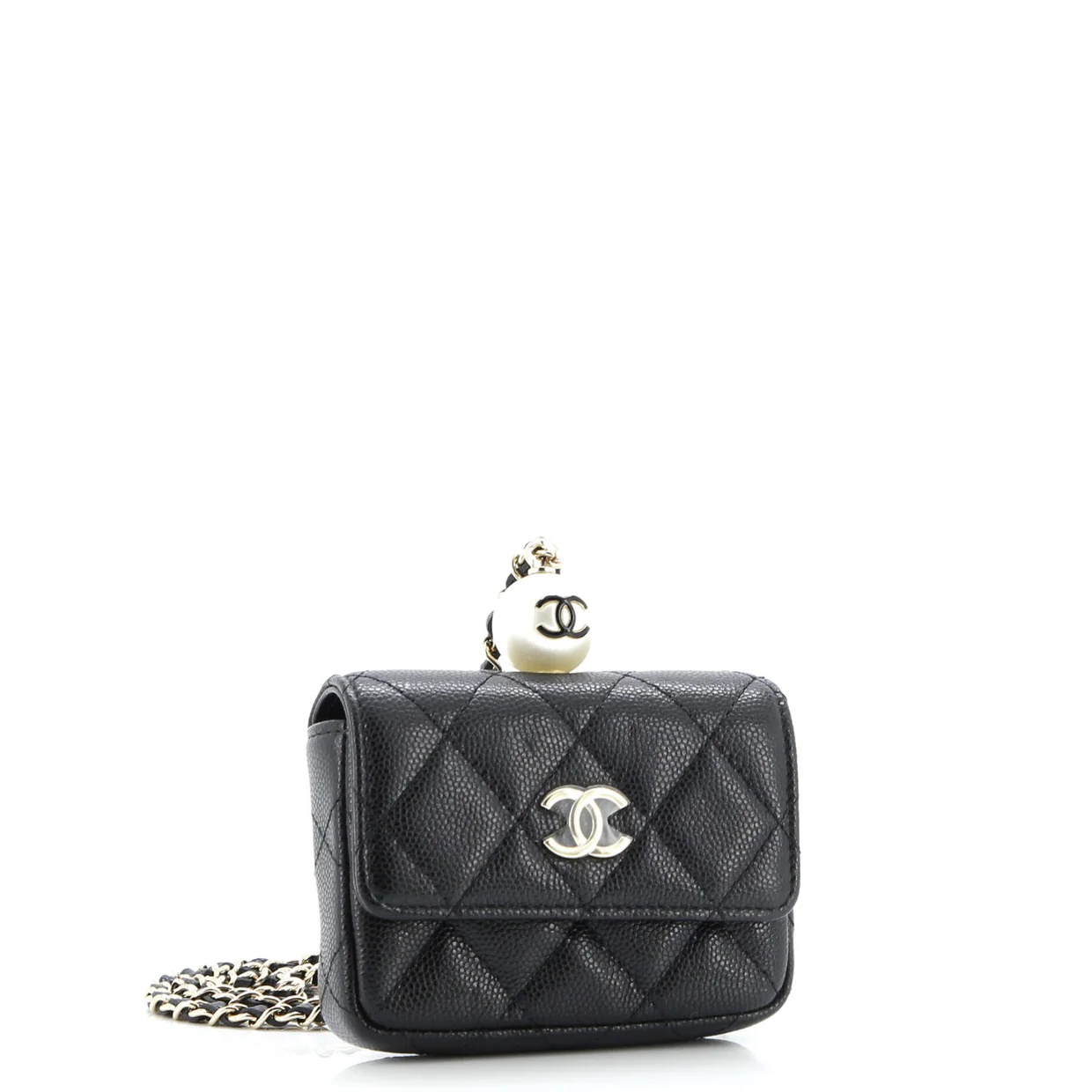CC Pearl Coin Card Holder with Chain Quilted Caviar - Deep Luxury