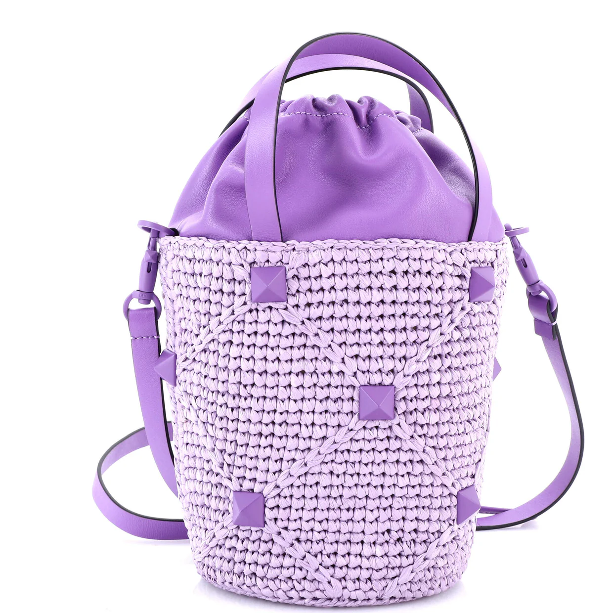 Roman Stud Bucket Bag Raffia and Leather - Deep Luxury