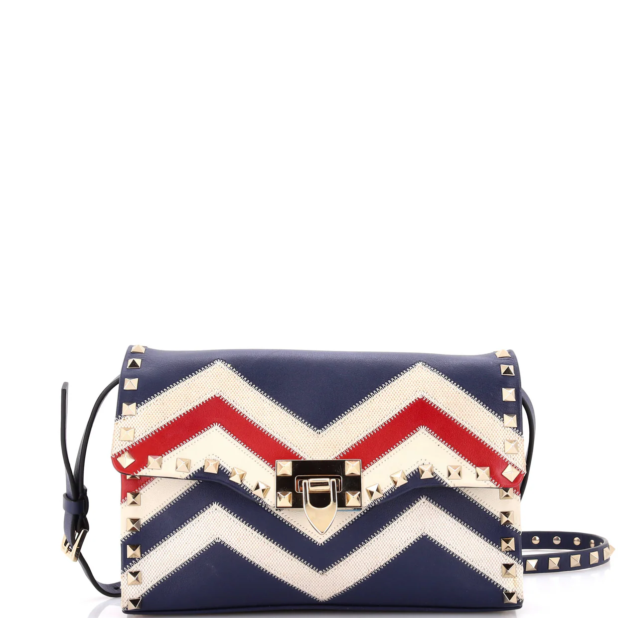 Rockstud Flip Lock Flap Bag Leather and Canvas Small - Deep Luxury